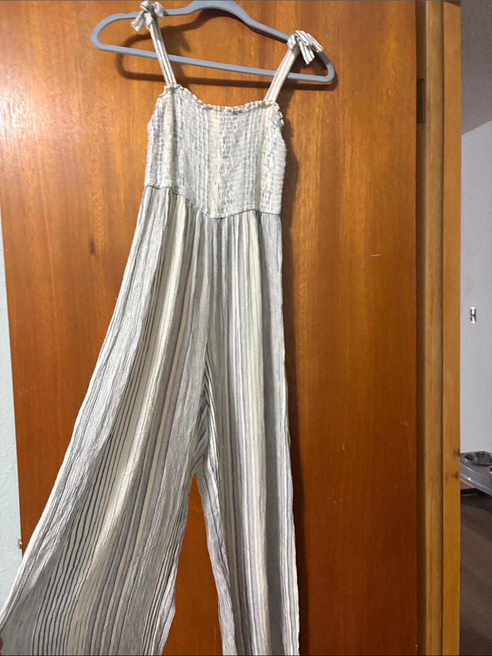 Striped Cream & blue Tie-Shoulder Wide-Leg Jumpsuit